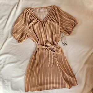 NWT Worthington striped balloon sleeves dress Tie around waist Women's size S